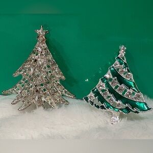 Vintage Christmas Brooch Lot Silver Rhinestone/Silver Rhinestone & Green Enamel